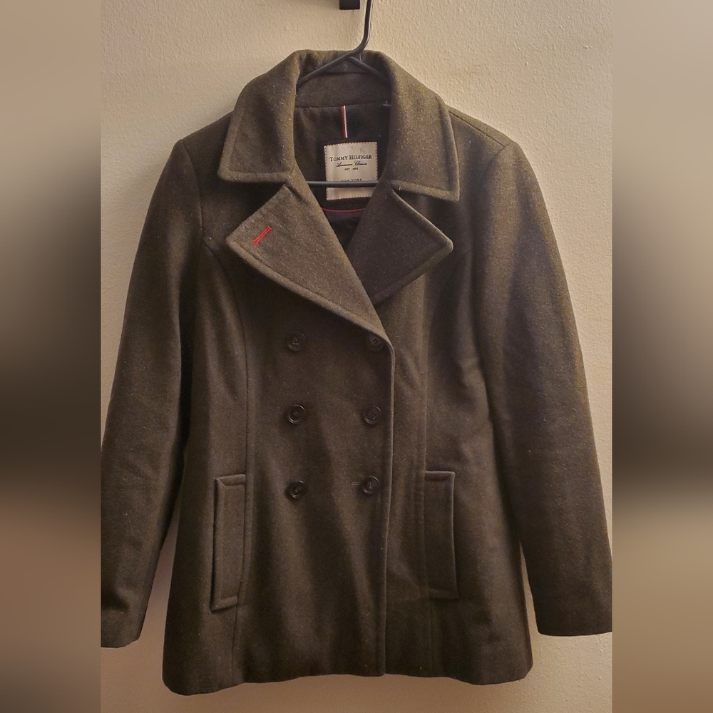 Wool Blend Tommy Hilfiger Double Breasted Peacoat, Women's Small, Olive Green - Picture 2 of 7